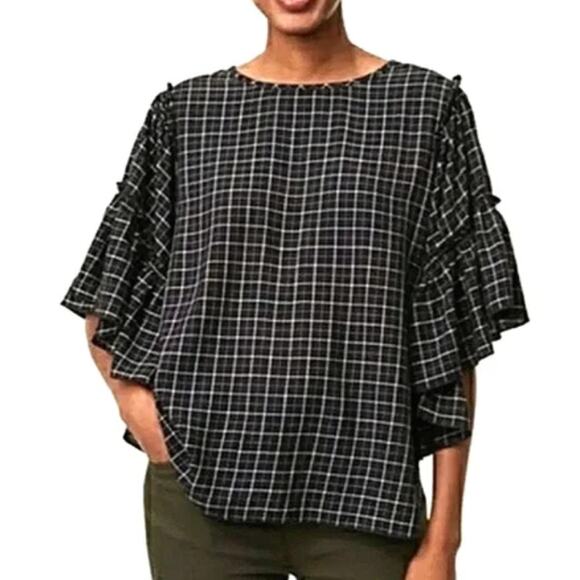 LOFT Ruffle Sleeve Blouse Button Back Windowpane Plaid Black White Size Medium - Picture 1 of 9